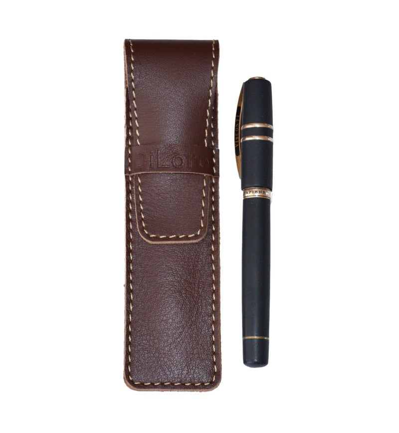 DiLoro Full Grain Leather Single Pen or Pencil Case Holder for Fountain Ballpoint Rollerball Reddish Brown - Image 3